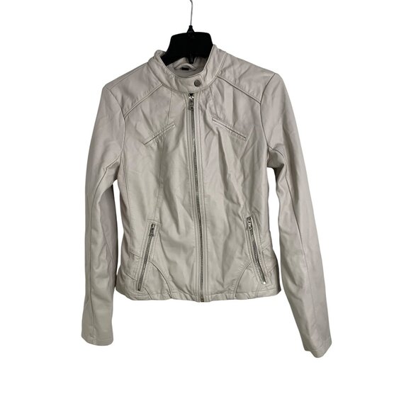 VTG Guess Cream Faux Leather Biker Jacket W/ Zip Cuffs RH10188 Sz S - Picture 2 of 13